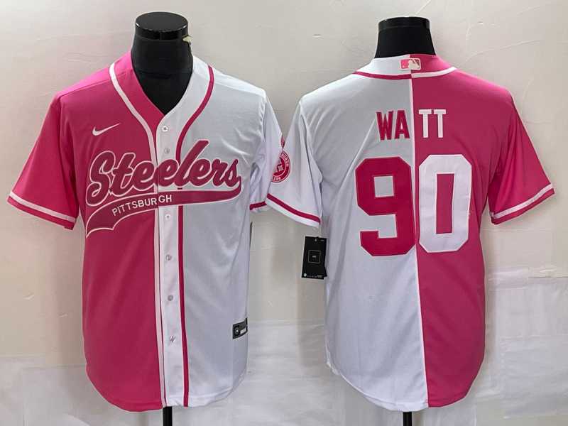Mens Pittsburgh Steelers #90 TJ Watt Pink White Two Tone With Patch Cool Base Stitched Baseball Jersey->pittsburgh steelers->NFL Jersey